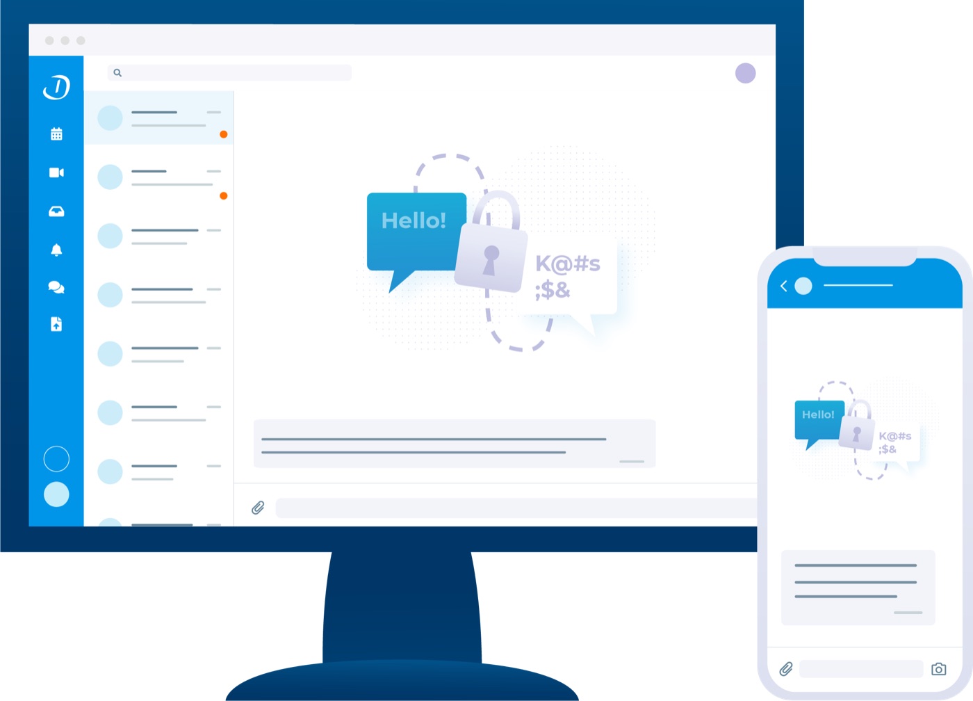 Illustration of an encrypted conversation on desktop and mobile, with a padlock turning a message into unreadable characters