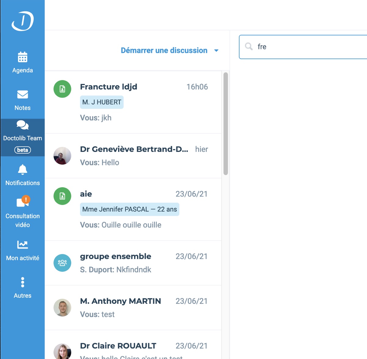 Doctolib Team beta in the Doctolib Pro sidebar: conversation list mixing patient cases tagged with the patient's name, groups and one-to-one discussions