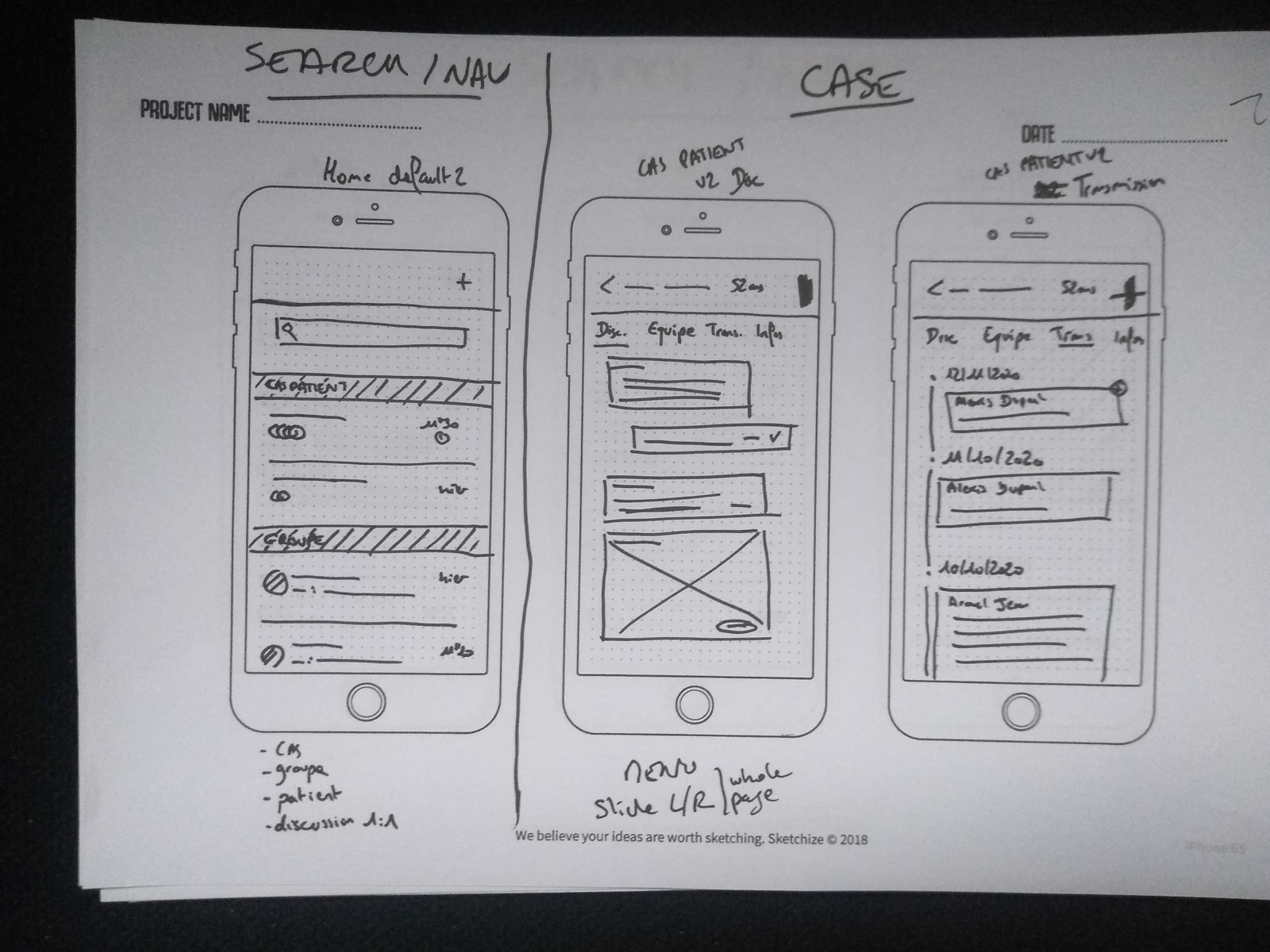 Paper sketches of the mobile app: home with search, patient case and group sections, and a patient case conversation