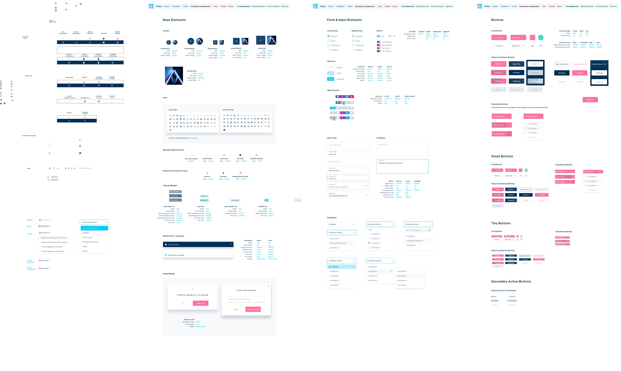 Overview of the Kolsquare Sketch component library: base elements, form and input elements, buttons in several sizes