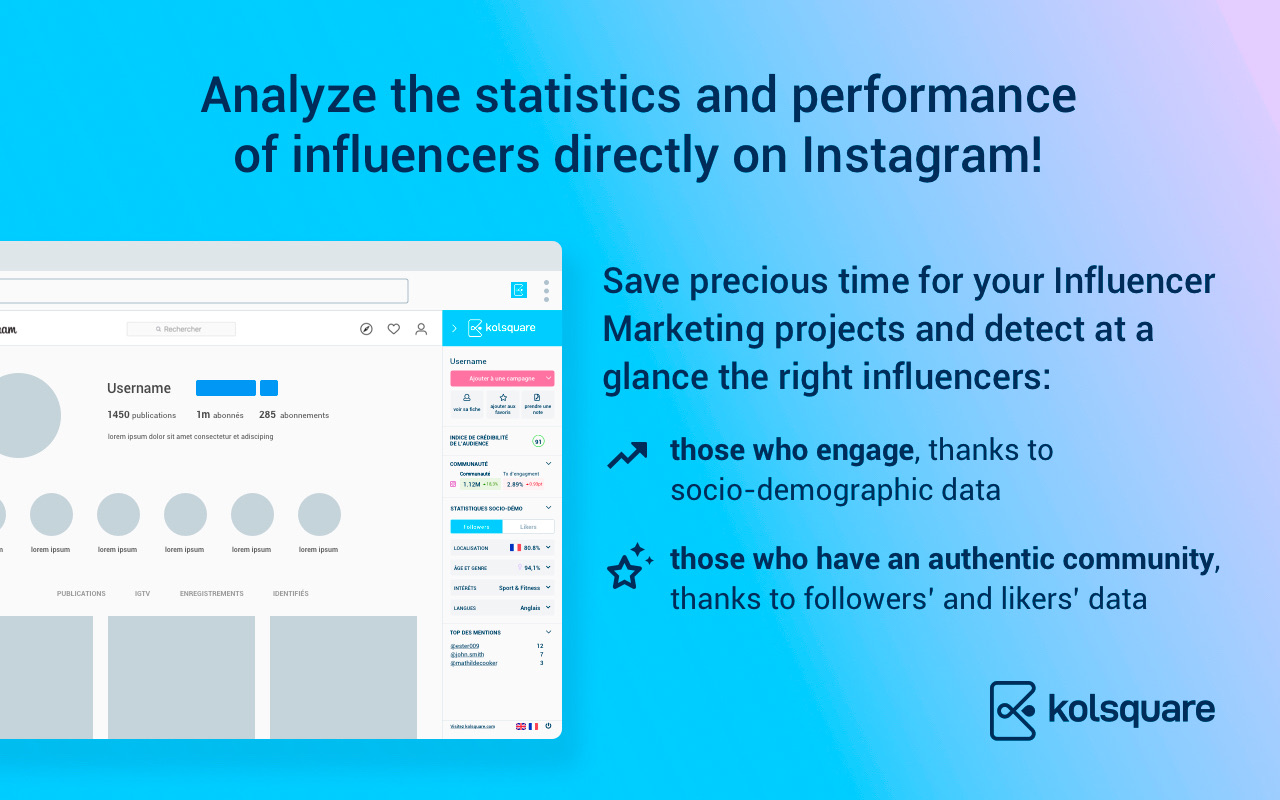 Chrome Web Store visual for the Kolsquare extension: a side panel on an Instagram profile showing audience credibility, community size, engagement and socio-demographic statistics