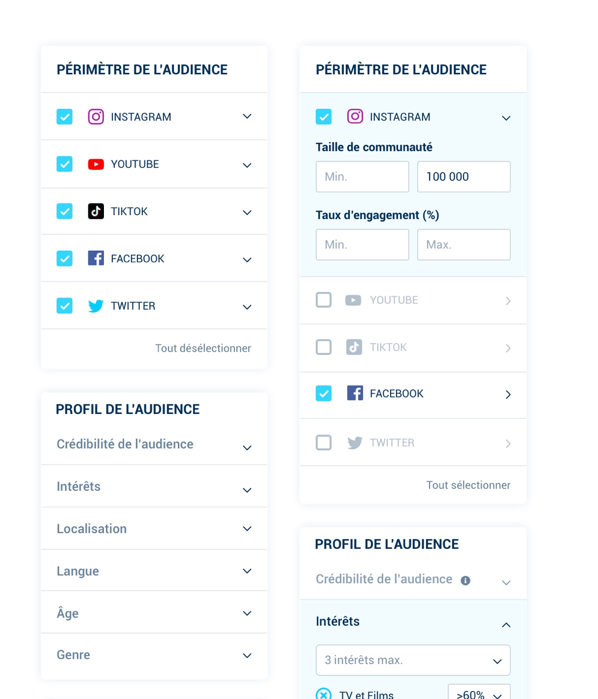 Filter panels: audience scope by social network with community size and engagement rate, audience profile filters for interests, location and age