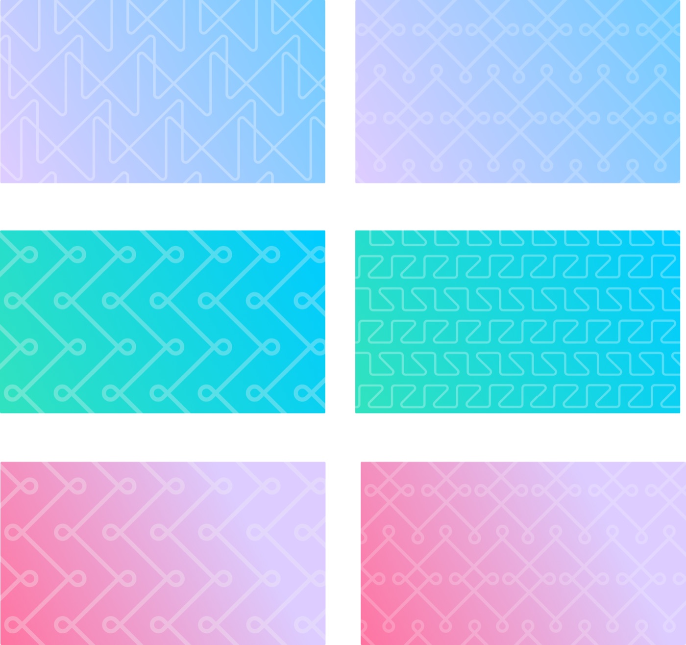 Six Kolsquare brand patterns in blue, turquoise and pink gradients