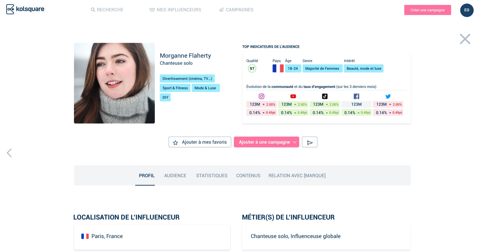 Influencer profile page with key audience indicators, community size and engagement per network, location, job and languages