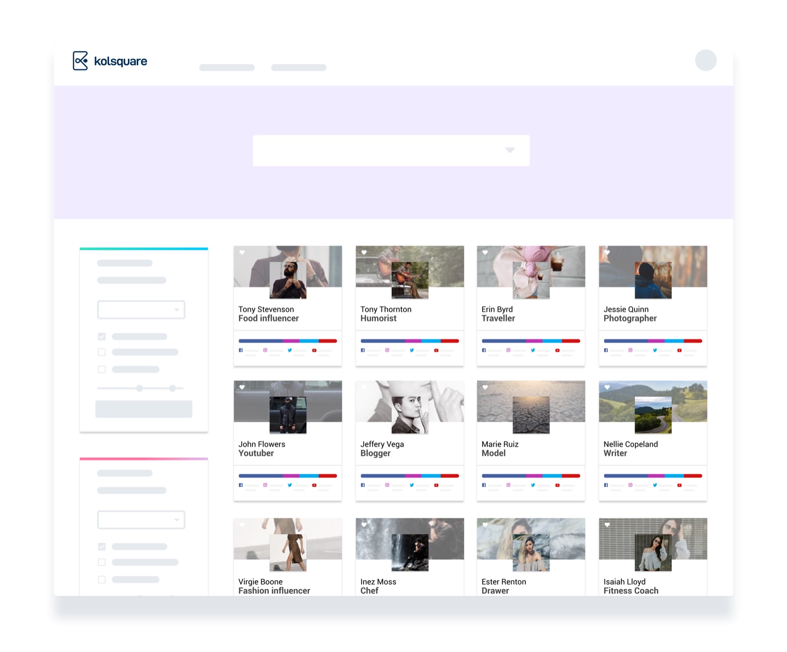 Kolsquare search results: a grid of influencer cards with photo, name, category and audience size per social network, with filters on the left