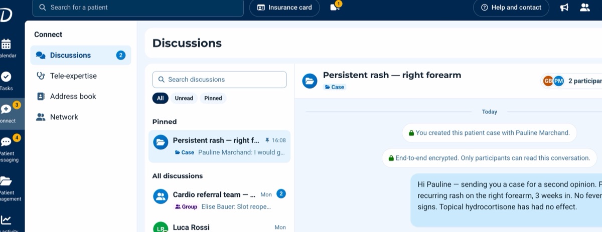 Doctolib Connect discussions screen built with Oxygen components