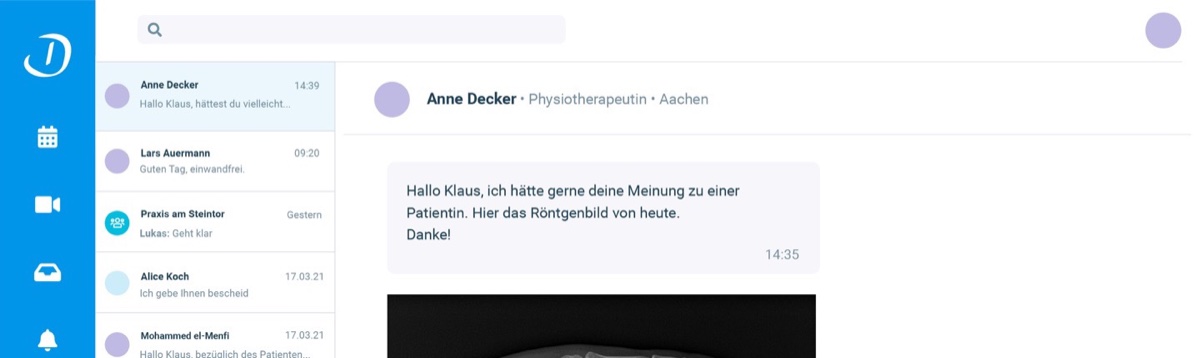 Doctolib Team desktop messaging: a physiotherapist shares an X-ray with a colleague