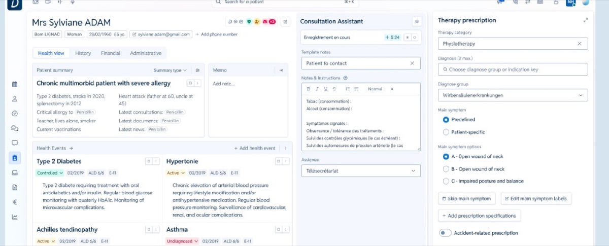 Redesigned Doctolib Pro patient file with health view and consultation assistant